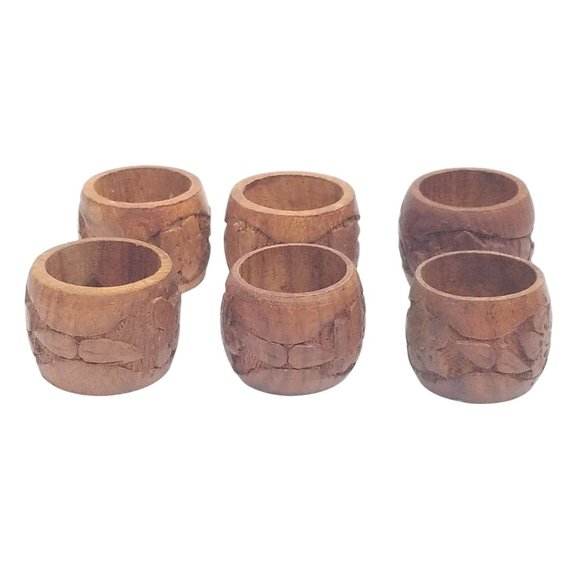 Vintage Wood Napkin Rings Wooden Hand Carved Flowers Leaves India Set Of 6 - Picture 1 of 11